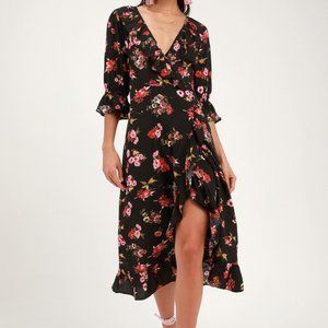 LULUS Midnight Magic Floral Ruffled Midi Dress S